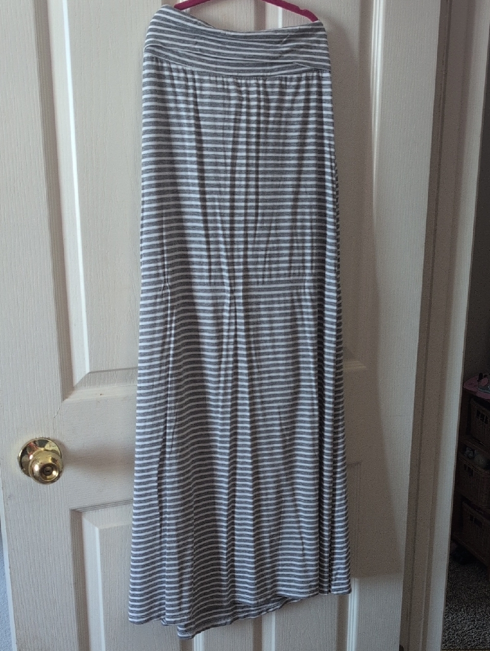 Striped Gray and White Maxi Skirt with Foldover Waistband